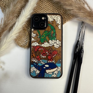 Japanese Monster Legendary Red Blue Green Anime Manga Handmade Wood Phone Case  for iPhone, Samsung and Google Pixel ,