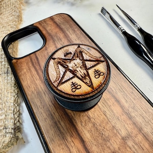 Baphomet Occult Dark Goth Handmade Wood Phone Phone Grip– Wooden Cover for iPhone, Samsung and Google Pixel , Durable Gift