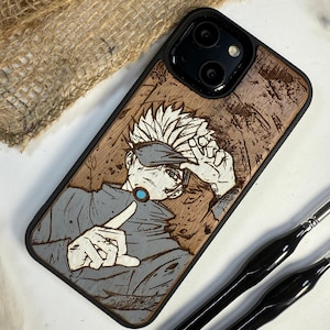 Demon Saturo Jujutsu JJK Anime Manga Handmade Wood Phone Case – Wooden Cover for iPhone, Samsung and Google Pixel ,