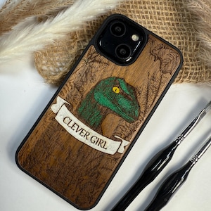 Clever Girl Jurassic Velociraptor Park Dinosaur T-Rex Handmade Wood Phone Case – Wooden Cover for iPhone, Samsung and Google Pixel ,