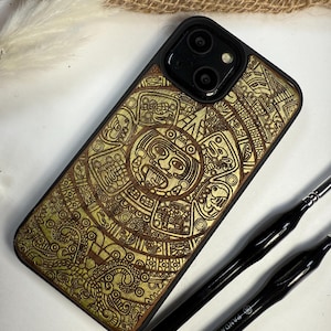 Mayan Azteken Kalender Inka Tier handgefertigte Holz Handyhülle für iPhone, Samsung und Google Pixel , langlebig