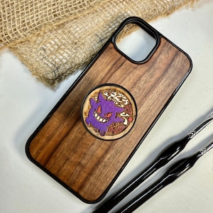 Ghost Purple  Kawaii Cute Japanese Anime Handmade Wood Phone Phone Grip– Wooden Cover for iPhone, Samsung and Google Pixel , Durable Gift