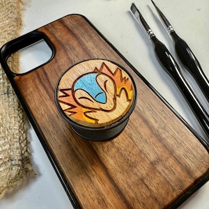 Red Cute Fire Kawaii Cute Japanese Anime Handmade Wood Phone Phone Grip– Wooden Cover for iPhone, Samsung and Google Pixel , Durable Gift