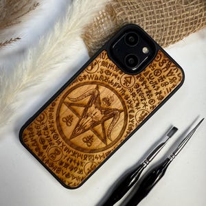 Baphomet Devil Dark Gothic Goat Demon  Handmade Wood Phone Case – Wooden Cover for iPhone, Samsung and Google Pixel , Durable Gift