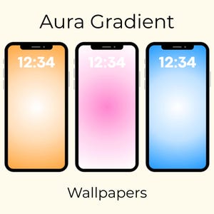May include: Three smartphones with gradient backgrounds in orange, pink, and blue. Each phone displays the time 12:34 in white. The text "Aura Gradient" is above the phones, and "Wallpapers" is below.