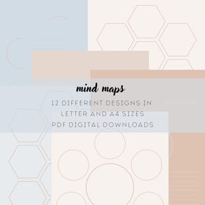 May include: Digital mind map templates in PDF format. The design features geometric shapes and text that reads "mind maps", "12 different designs in letter and A4 sizes", and "PDF digital downloads". The background is a mix of light blue and beige.