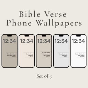 May include: A set of five phone wallpapers with Bible verses. Each phone displays a different verse in a minimalist design, with the time 12:34 displayed at the top. The background colors vary from beige to white.