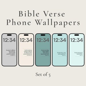 Può includere: Un set di cinque sfondi per telefono con versetti biblici. Ogni telefono mostra uno sfondo di colore diverso e un versetto biblico in bianco. L'ora 12:34 è visualizzata nella parte superiore di ogni telefono.