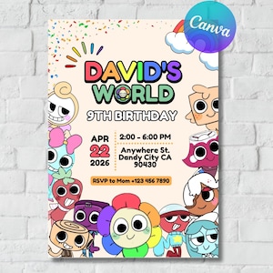 Op de afbeelding: Een kleurrijke uitnodiging voor een 9e verjaardag. Het ontwerp bevat de tekst "DAVID'S WORLD" in levendige kleuren, samen met de datum, tijd en locatie. Tekenfilmfiguren omringen de tekst en een regenboog is zichtbaar.