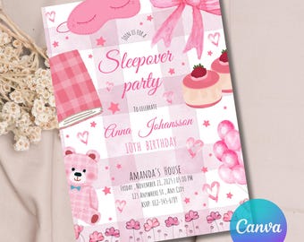 Pink Sleepover Birthday Invitation for Girls Slumber Party | Pastel Pajama Invitation for Print | Editable Canva Template (Digital Download)
