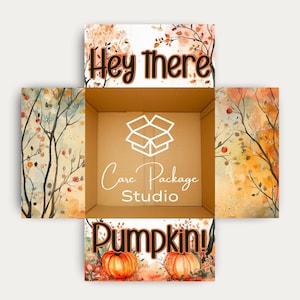 May include: An open cardboard box with autumn-themed artwork. The box is decorated with watercolor illustrations of trees, leaves, and pumpkins. Text on the box reads "Hey there Pumpkin!" and "Care Package Studio".
