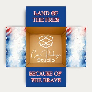 May include: An open cardboard box with patriotic design elements. The box features the text "LAND OF THE FREE" and "BECAUSE OF THE BRAVE" in red and white. The interior has the logo and text "Care Package Studio".