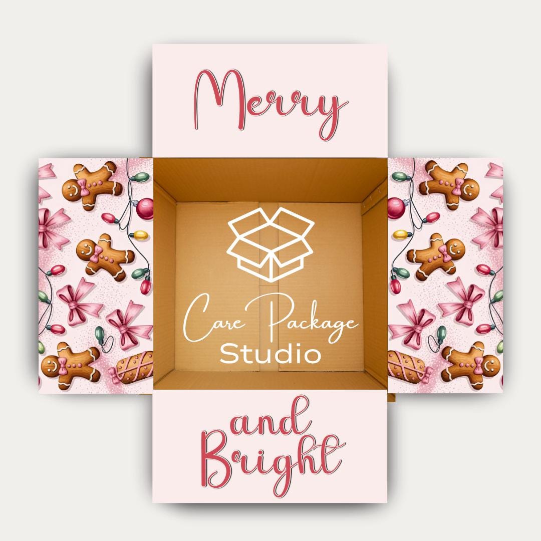 Gingerbread Shipping Box Pink Gingerbread Christmas Care Package Box Flaps, Merry and Bright ...
