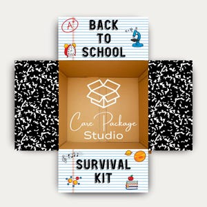 May include: An open cardboard box with a school-themed design. The box is decorated with the words "Back to School" and "Survival Kit", along with illustrations of a microscope, alarm clock, and other school-related items. The box is from Care Package Studio.