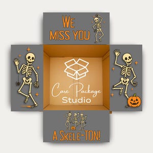 May include: An open cardboard box with gray panels featuring orange text and skeleton illustrations. The text reads "We Miss You" and "A Skele-ton!" The box interior has the text "Care Package Studio" and a box logo.