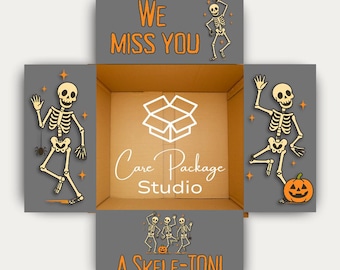 We miss you a Skeleton Halloween Care Package Flaps, College Care Package Sticker Labels, Military Deployment Gift Box Panels, Long Distance