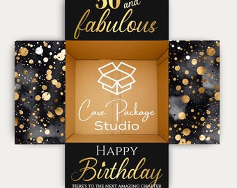 50th BIRTHDAY CARE PACKAGE Sticker Kit, 50 and Fabulous Gift Box Labels, Elegant Birthday Box Flaps
