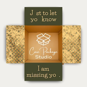 May include: An open cardboard box with the text "J st to let yo know" at the top and "I am missing yo." at the bottom. The box interior features the logo and text "Care Package Studio". The box flaps have a yellow and green plaid pattern.