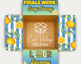 May include: An open cardboard box with a lemon-themed design. The box features text that reads "FINALS WEEK: Easy Peasy" and "LEMON Squeezy." The box's interior has the text "Care Package Studio."