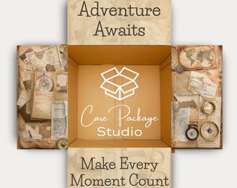 Travel Send Off Care Package Box Stickers, Adventure Awaits Gift Box Flaps, Study Abroad Gifts, Summer Camp Mailer, Sleepaway Camp Box Decor