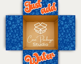 May include: An open cardboard shipping box with a blue interior lining featuring a pattern of bubbles. The top and bottom flaps display the orange text Just add Water. The center of the box features a white line drawing of a box and the text Care Package Studio.