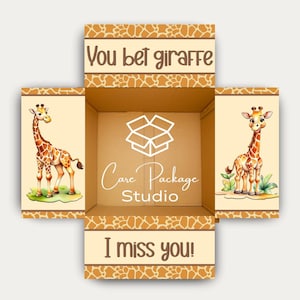 May include: A cardboard care package box with giraffe illustrations and the text "You bet giraffe" and "I miss you!". The box has a giraffe print border and the words "Care Package Studio".