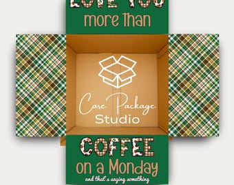 Coffee Care Package Box Flaps, Love You More Than Coffee on a Monday Decoration Stickers, Student Finals Survival Box Labels, Military Gift