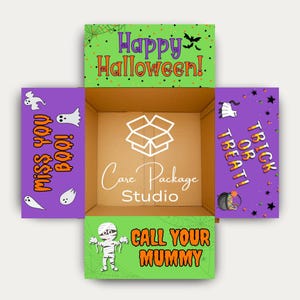 May include: A cardboard shipping box with open flaps featuring Halloween graphics. The top flap says Happy Halloween, the left says MISS YOU BOO!, the right says TRICK OR TREAT!, and the bottom says CALL YOUR MUMMY. The center displays the Care Package Studio logo.