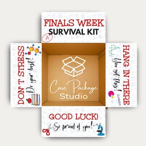 Finals Week Survival Kit Care Package Stickers, College Student Gift Box Flaps, University Final Exams Gifting Box Labels, Studying Care Box