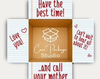 Call Your Mother Care Package Stickers, Summer Camp Send Off Gift Box Flaps, Back to School Mailer Box Labels, Sleepaway Camp Survival Kit
