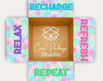 Relax Recharge Refresh Repeat Care Package Box Flap Stickers, Spa Day Self Care Gift Box Labels, College Care Package, Pamper Gift for Her