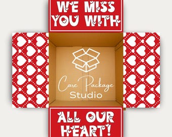 We Miss You Care Package Box Stickers, College Student Red Gift Box Labels, Deployment Shipping Box Flaps, Long Distance Decorations
