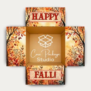 May include: An open cardboard box with interior flaps decorated in an autumn theme featuring orange, red, and yellow leaves on tree branches. The top flap reads HAPPY and the bottom flap reads FALL!. The center displays a white box icon and text.