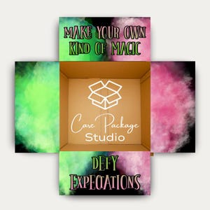 May include: An open cardboard box with the words "Care Package Studio" and a box logo in the center. The box is surrounded by colorful, smoky backgrounds with the phrases "Make Your Own Kind of Magic" and "Defy Expectations".