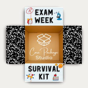 May include: A cardboard box with a white logo and the text "Care Package Studio." The box is decorated with the words "Exam Week" and "Survival Kit" on a lined paper background, along with school-themed illustrations.