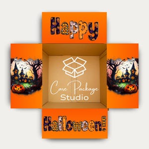 May include: An open orange cardboard box with the words "Happy" and "Halloween!" in decorative lettering. The box's interior features the text "Care Package Studio" and a box graphic. The sides display Halloween-themed illustrations.