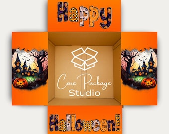 May include: An open orange cardboard box with the words "Happy" and "Halloween!" in decorative lettering. The box's interior features the text "Care Package Studio" and a box graphic. The sides display Halloween-themed illustrations.