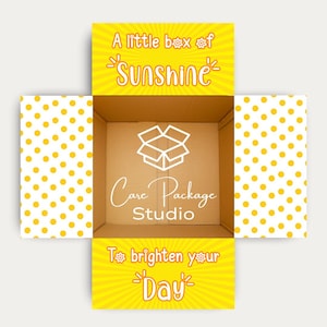 May include: An open cardboard box with yellow and white polka dot flaps. The box interior is brown. The top flap reads "A little box of Sunshine" in yellow script. The bottom flap reads "To brighten your Day". The box logo says "Care Package Studio".