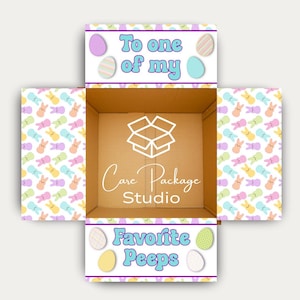 May include: An open cardboard box with Easter-themed decorations. The box features the text "To one of my Favorite Peeps" and is decorated with pastel-colored Easter eggs and bunny designs. The inside of the box has the text "Care Package Studio".