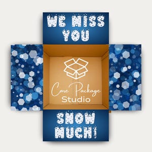May include: An open cardboard box with blue and white snowflake and bokeh designs on the outside. The top and bottom flaps have the phrases "WE MISS YOU" and "SNOW MUCH!" in white. The inside of the box has the logo and text "Care Package Studio".