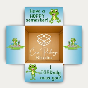 May include: An open cardboard box with a light blue interior and exterior. The box features cartoon frogs and the phrases "Have a HOPPY semester!" and "i TOADally miss you!" The box also has the text "Care Package Studio".