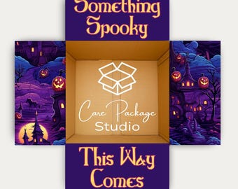 Halloween Care Package Box Flap Stickers, Something Spooky This Way Comes, Haunted Village Box Decoration Labels, College Fall Gift Boxes