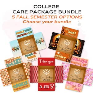 May include: Five open cardboard boxes with various colorful designs and text including College Care Package Bundle, Finals Week Survival Kit, Hey Boo, You're Smart, Miss you, and College Survival Kit, all featuring the Care Package Studio logo.