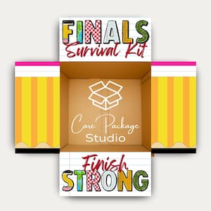 May include: An open cardboard box with the words "FINALS Survival Kit" and "Finish STRONG" in colorful, playful lettering. The box interior features a logo and the words "Care Package Studio". Pencil-themed borders frame the box.
