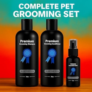 Dog Grooming Set – Blue Ribbon Shampoo, Conditioner & Spray | All Natural, Itch Relief, Odor Control | Sensitive Skin Safe 3pc Kit