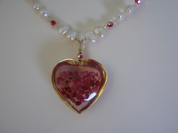Glass Red Heart on a String of Freshwater Pearls … - image 2