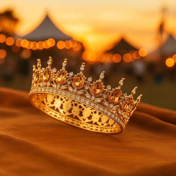 Gold Crystal Teardrop Tiara Crown - Elegant Pageant Accessory Gold Crystal Queen Crown: Pageant, Prom, Quinceanera Tiara  main image 3
