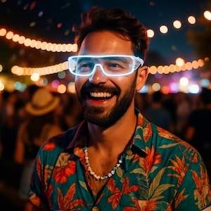 May include: A person wearing glowing white-framed glasses with a bright blue light. The person is smiling and wearing a colorful floral shirt and a beaded necklace. The background is blurred with string lights.