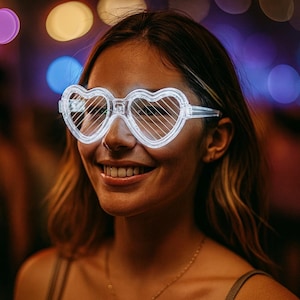 May include: Clear heart-shaped glasses with a glowing white outline. The glasses have a striped design within the heart frames. The image is taken in a dimly lit environment with colorful bokeh lights in the background.