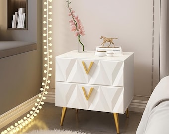 Modern Nightstand, Geometric White Wood Bedside Table with Gold V Handles
